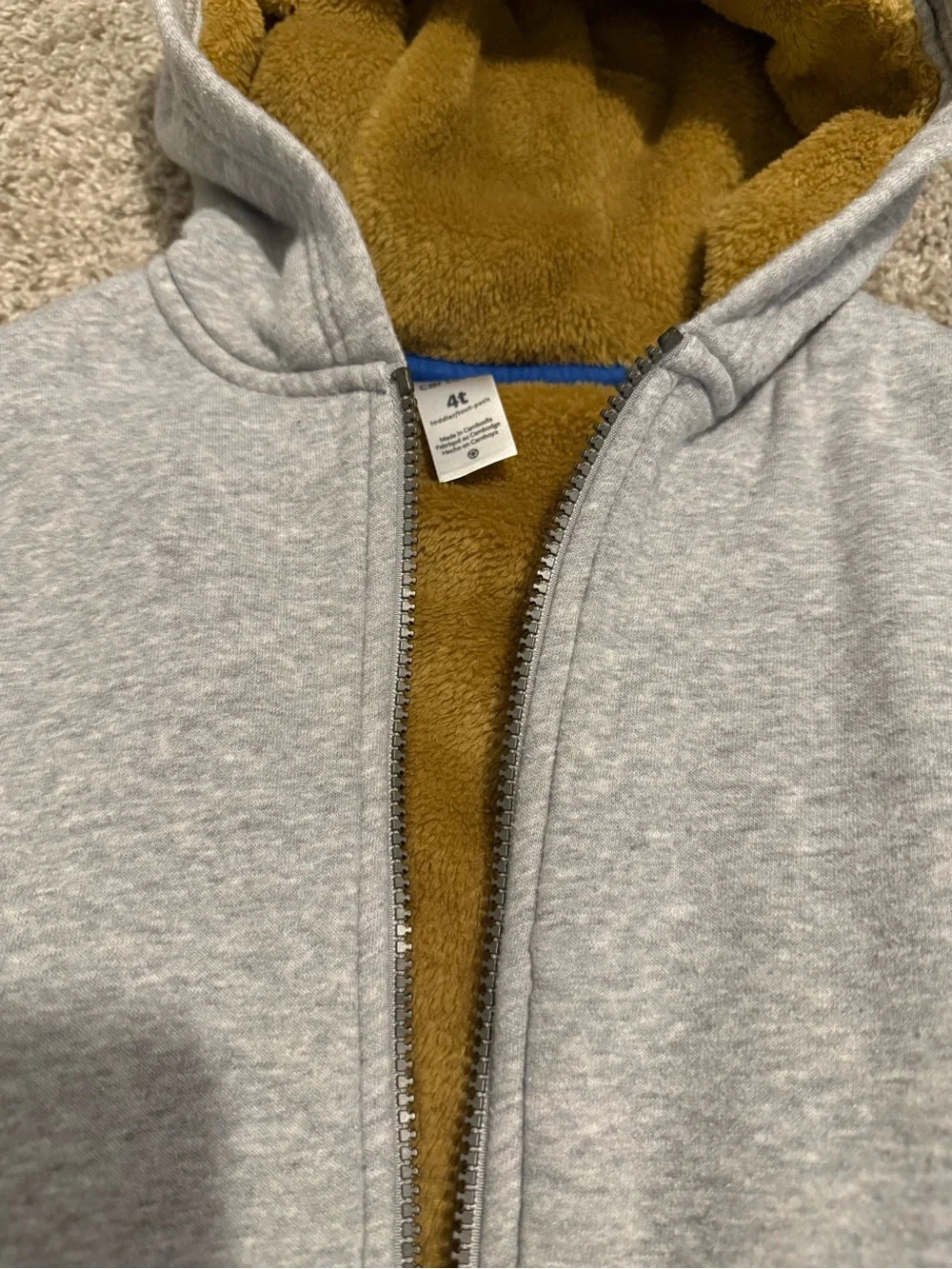 Carter's Light Gray Zip Hoodie with Mustard Lining